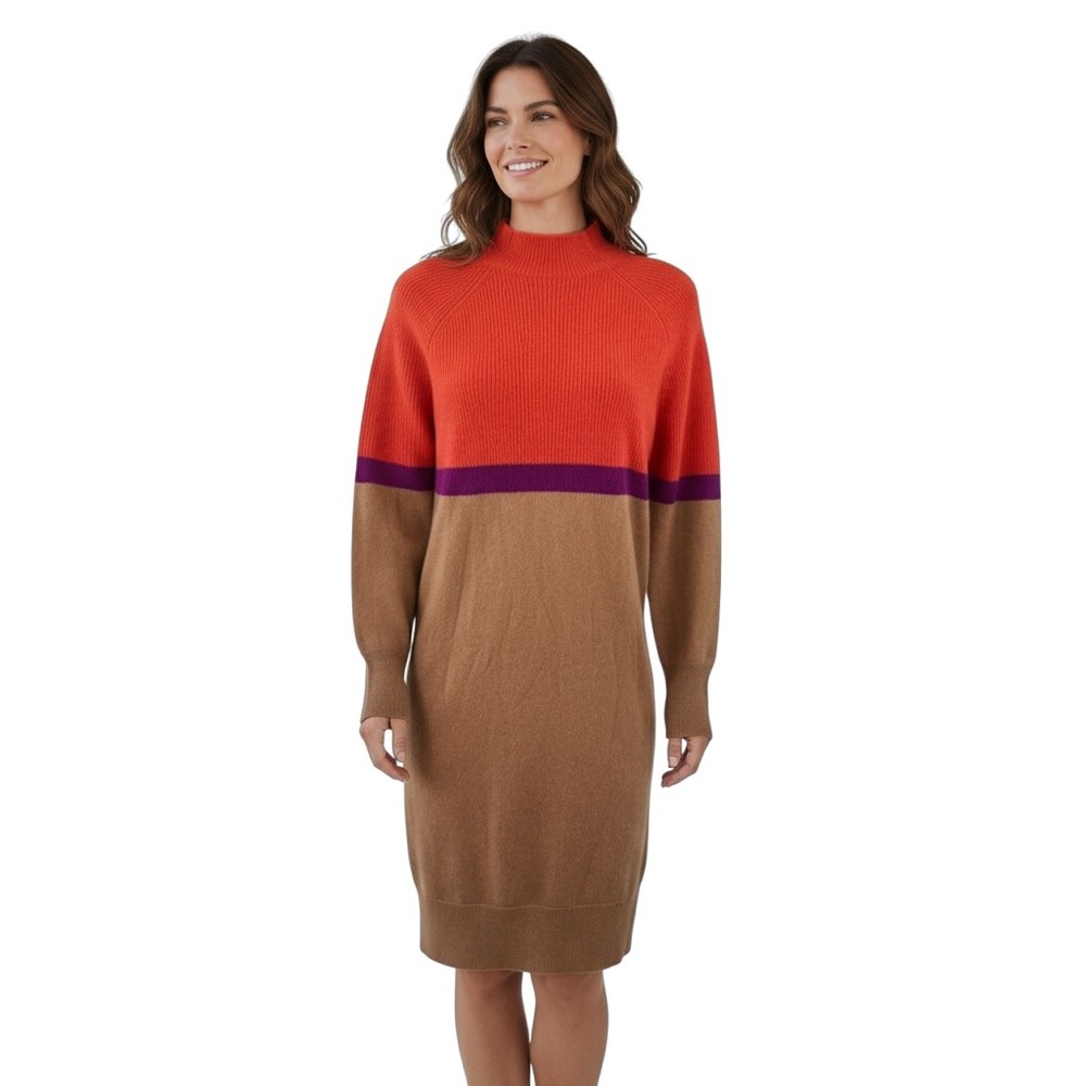 NWT LUSSO CASHMERE 100% Cashmere Sweater Dress‎ MEDIUM Pumpkin Blaze Colorblock